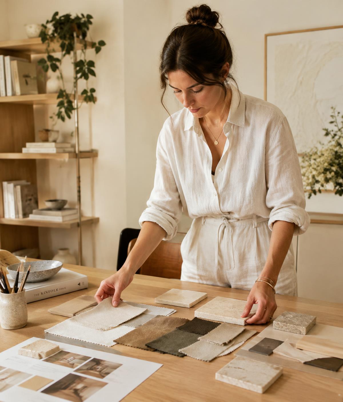 Interior designer selecting fabric and stone samples